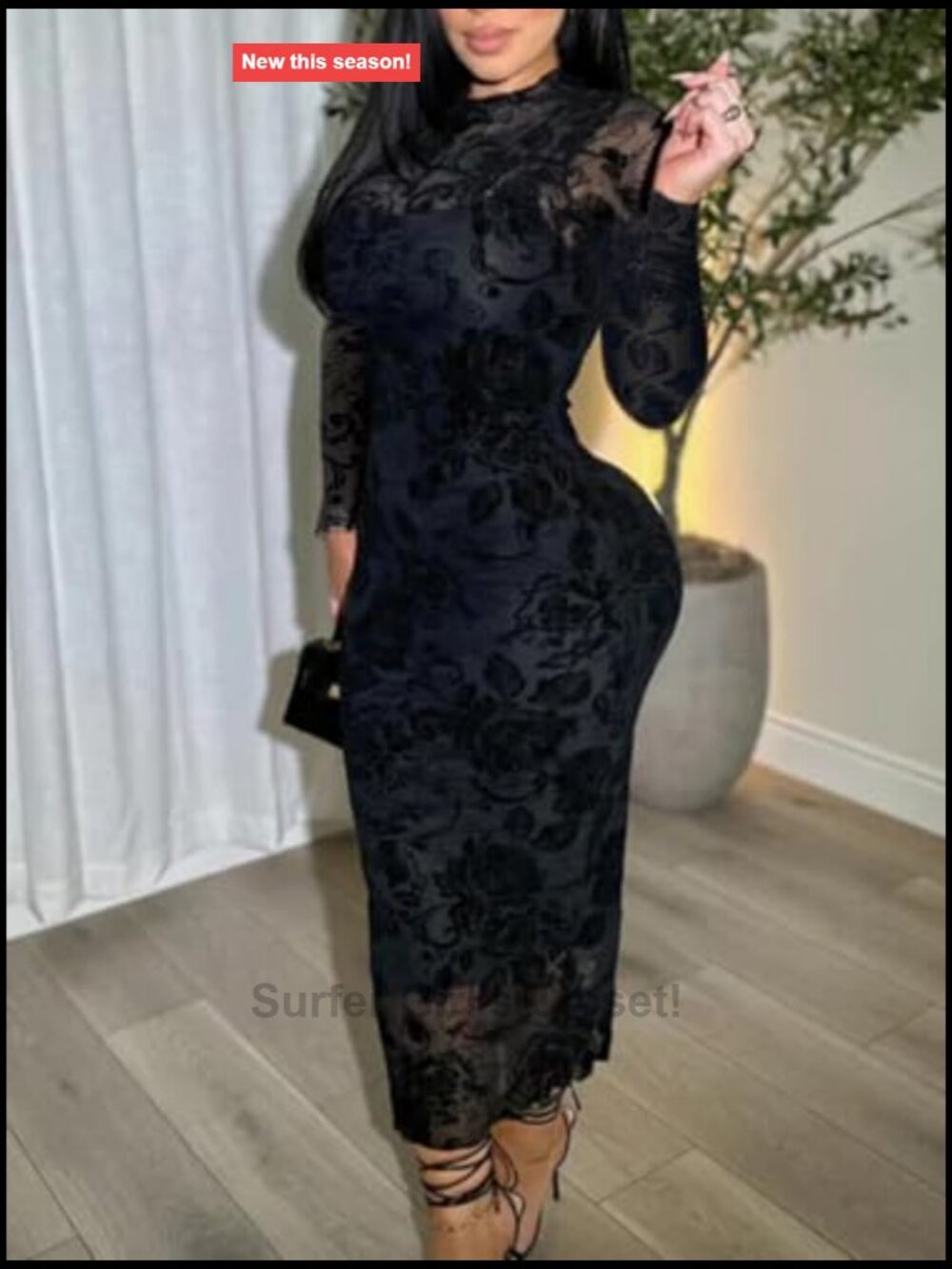 Sexy Sheer Mesh Bodycon Midi Dress 2 Piece Set Long Sleeve Date Night - Picture 3 of 7